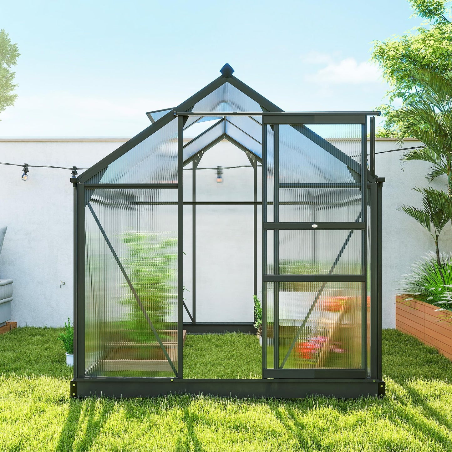Outsunny 6' x 6' Greenhouse for Outdoors, Polycarbonate Greenhouse with Rain Gutter and Roof Vent, Aluminum Walk-in Green Houses for Outside for Patio Backyard Garden, Gray