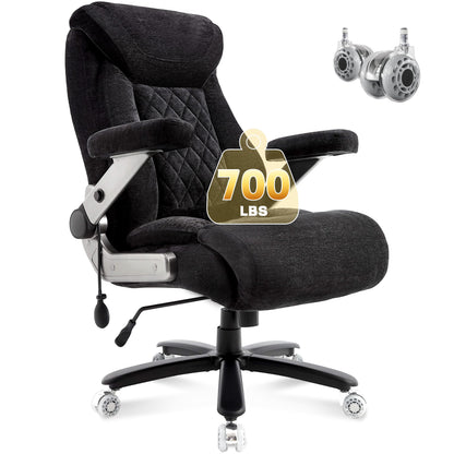 Fabric 700lbs Big and Tall Office Chair, Ergonomic Heavy Duty Executive Cloth Office Chair with 5D Flip Arms & Adjustable Lumbar Support & Dual Rubber Wheel, Large Thick Padded Extra Wide Seat, Black