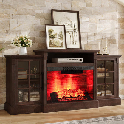 AMERLIFE 70" Farmhouse Fireplace TV Stand for TVs up to 80", Media Console with Storage Cabinets & Adjustable Shelves, Entertainment Center with 28" Electric Fireplace for Living Room, Rustic Brown