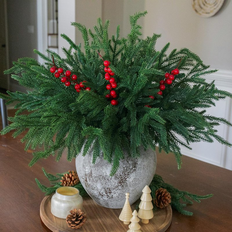 florisso Artificial Faux Christmas Norfolk Pine Stems Branches for Vases,12 Bundles Fake Evergreen Real Touch Greenery Stem with 3 PCS Red Berry Branches for Xmas Holiday Winter Table Indoor Decor