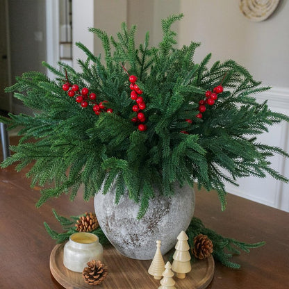 florisso Artificial Faux Christmas Norfolk Pine Stems Branches for Vases,12 Bundles Fake Evergreen Real Touch Greenery Stem with 3 PCS Red Berry Branches for Xmas Holiday Winter Table Indoor Decor