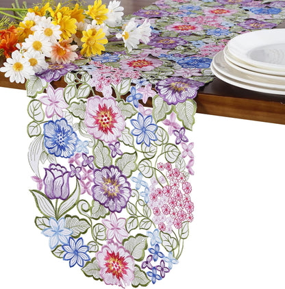 Flowery Table Runner 13"×54", Cutwork Embroidered Floral Dresser Scarf for Home Kitchen Dining