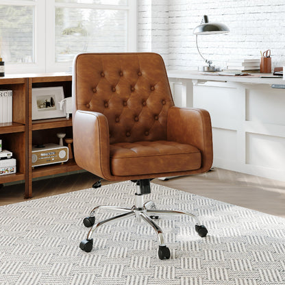 COLAMY Verso Home Desk Chair with Armrest, Leather Swivel Office Chair Adjustment Height with Wheels,Comfortable Padded Seat, Brown