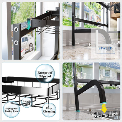 SAYZH Over The Sink Dish Drying Rack, Adjustable (25.5 to 33.5 inch) 2 Tier Metal Steel Dish Drying Racks for Kitchen Counter with Hooks Paper Towel Utensil Cup Holder Sink Caddy (Black)