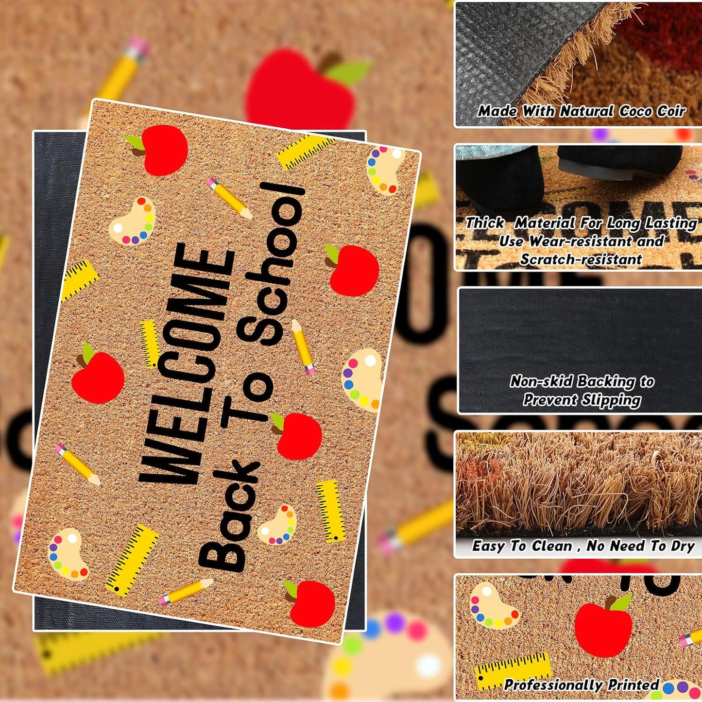 Welcome Back to School Coir Doormat, 16 x 24 Inches Non-Slip Backing Classroom Decor for Indoor Outdoor Entrance