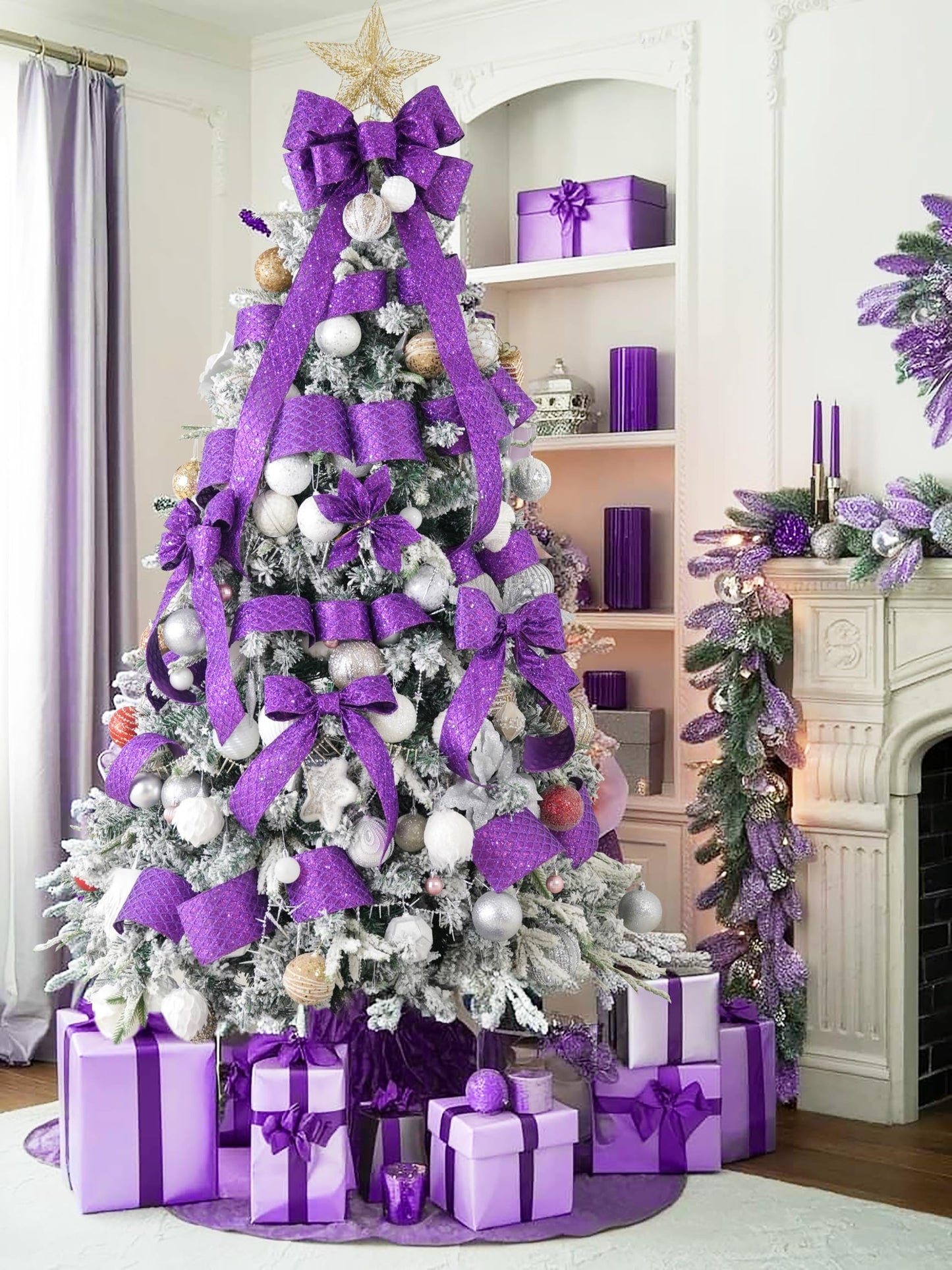 HUIHUANG Purple Wired Ribbon for Christmas Tree 2.5 inch Purple Glitter Diamond Mesh Ribbon for Tree Decoration, Wreaths, Garland, Gift Wrapping, Large Bows Making, Halloween Decor -10 Yards