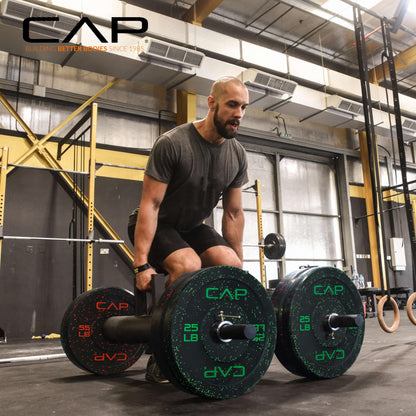 CAP Barbell Economy - Speckled Olympic Bumper Plate Set with Color Logo, Black, 370 lbs Set