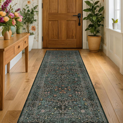 Skiennix 8ft Long Hallway Runner - Non-Slip, Washable Rubber Backing | Vintage Floral Dark Green & Black