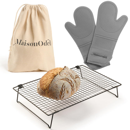 MaisonOdell Sourdough Cooling & Storage Set – Bread Cooling Rack (17×11×3), Linen Bread Bag (15×12), Heat-Resistant Oven Mitts – Complete Bread Cooling & Storage Solution