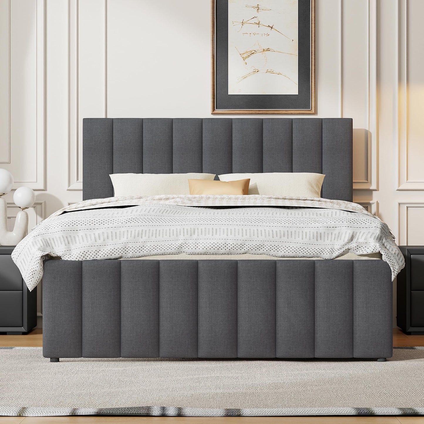 Merax Full Size Upholstered Platform Bed with Trundle and 3 Storage Drawers, Full Bed Frame & Tall Stripe Headboard for Bedroom, Solid Wood Slats Support, No Box Spring Needed, Easy Assembly, Gray