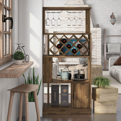 24/7 Shop at Home Arlo Transitional Multi-Storage Wood Wine Cabinet with Stemware Racks for Kitchen Dining Room, Bar, 69", Light Hickory Brown
