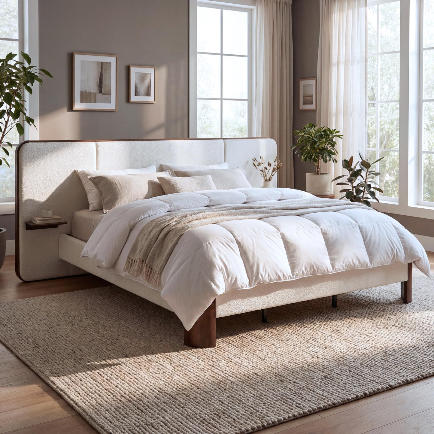Merax King Size Upholstered Platform Bed Frame with Large Curved Headboard,Built-in Floating Shelves,Wood Slats and Metal Support for Bedroom,Noise-Free