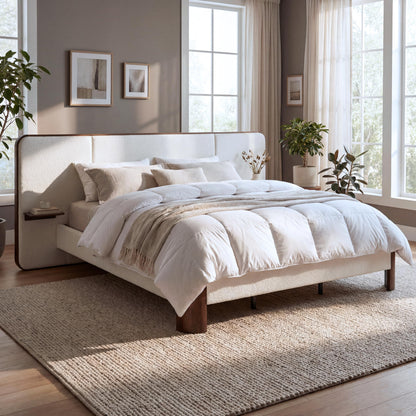 Merax King Size Upholstered Platform Bed Frame with Large Curved Headboard,Built-in Floating Shelves,Wood Slats and Metal Support for Bedroom,Noise-Free