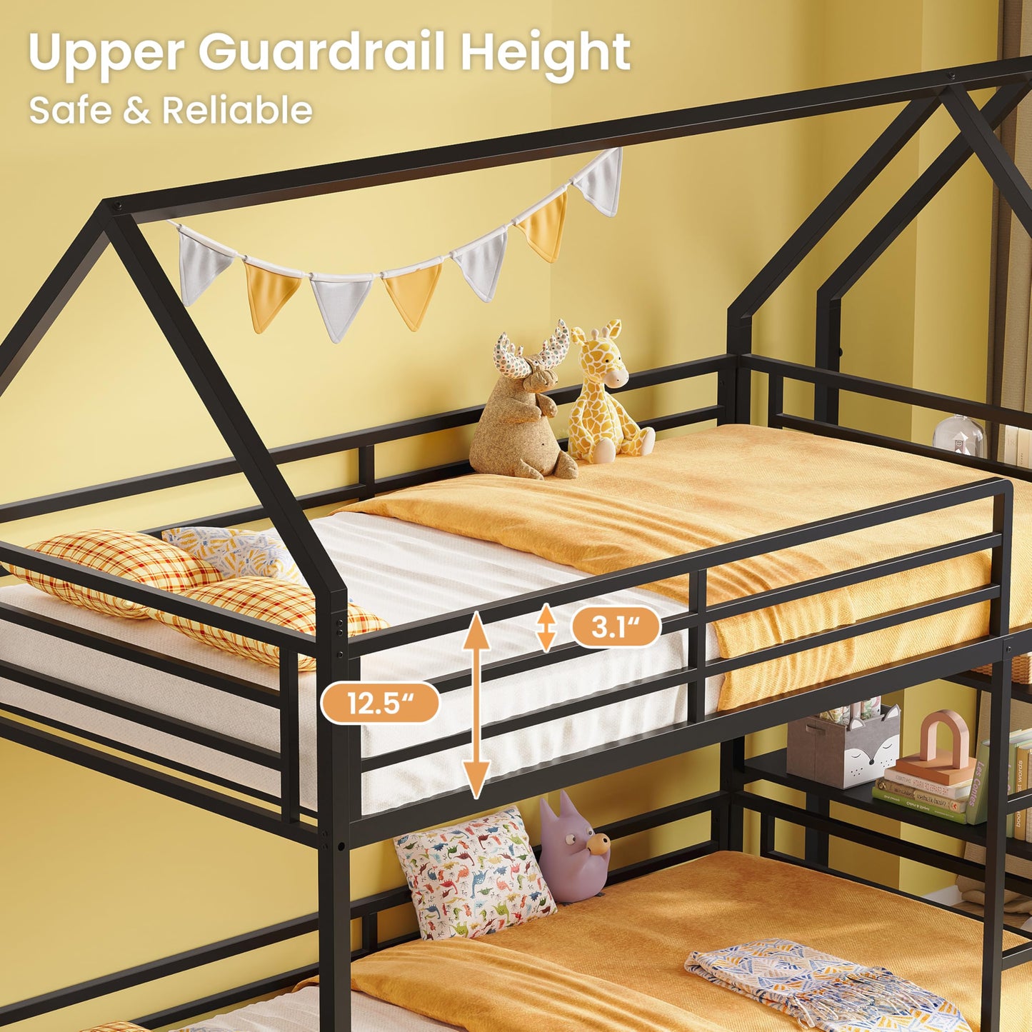 LIKIMIO Bunk Bed Twin Over Twin, Twin Bunk Beds Frame with 3-Tier Storage Bookshelf, Metal Twin House Bed Ladder and Safety Guardrail, Space Saving for Apartment or Dorm, No Box Spring Needed, Black