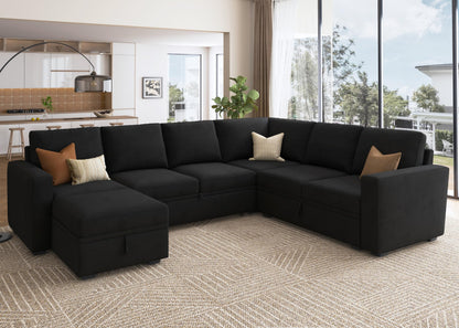 HONBAY Sectional Sleeper Couch with Pull Out Bed, U Shaped Sectional Sofa with Storage, Modular Velvet Sectional Couches for Living Room, Black