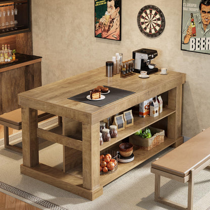 Tribesigns 55" Kitchen Island with Seating and Storage, 3-Tier Farmhouse Wood Stationary Island Table with Large Worktop & Leg Room, Coffee Bar Table with Storage Shelves for Kitchen, Natural Brown