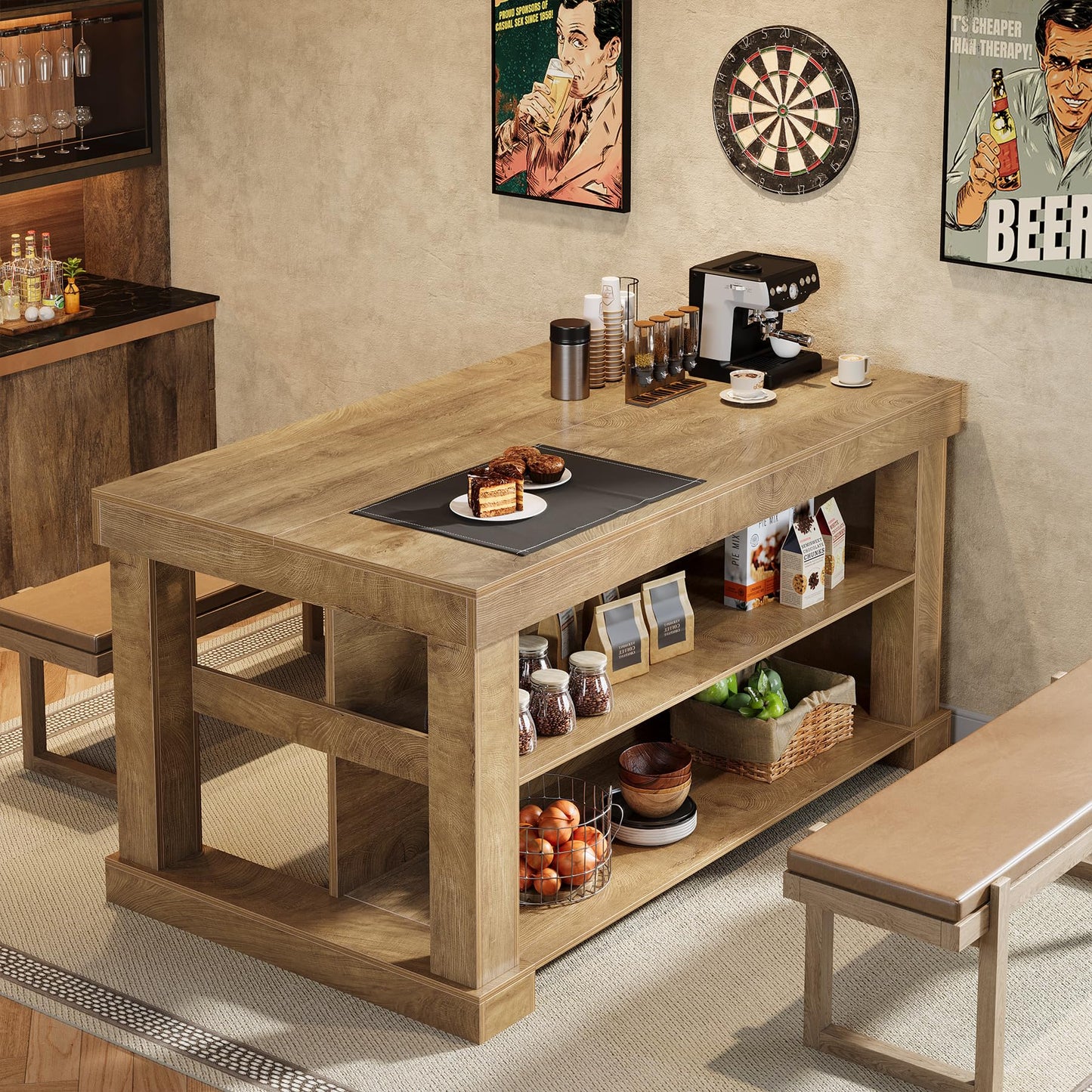 Tribesigns Bar Table, 55-Inch Counter Height Pub Table with Storage Shelves, High Top Kitchen Dining Table, Rectangle Wood Home Bar Unit for Dining Room, Bistro, Light Brown
