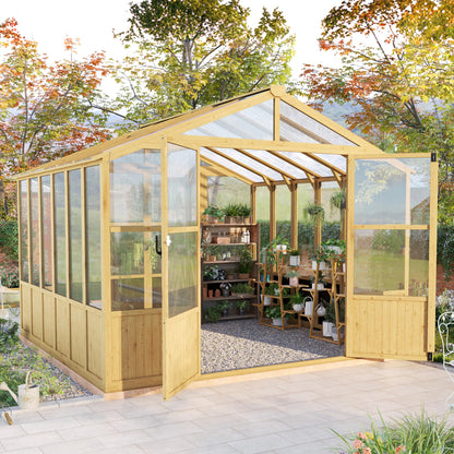Jocisland 10x10 Ft Wood Greenhouse, Wooden Greenhouse for Outdoors with Lockable Door, Walk-in Cedar Greenhouse with Adjustable 2 Roof Vents, Polycarbonate Greenhouse for Outdoors, Garden, Backyard