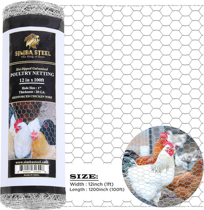 12 100 1 20GA 12 100) Chicken Wire in x FT x Mesh x | Poultry Wire Netting | Hot Dipped Galvanised | Hexagonal