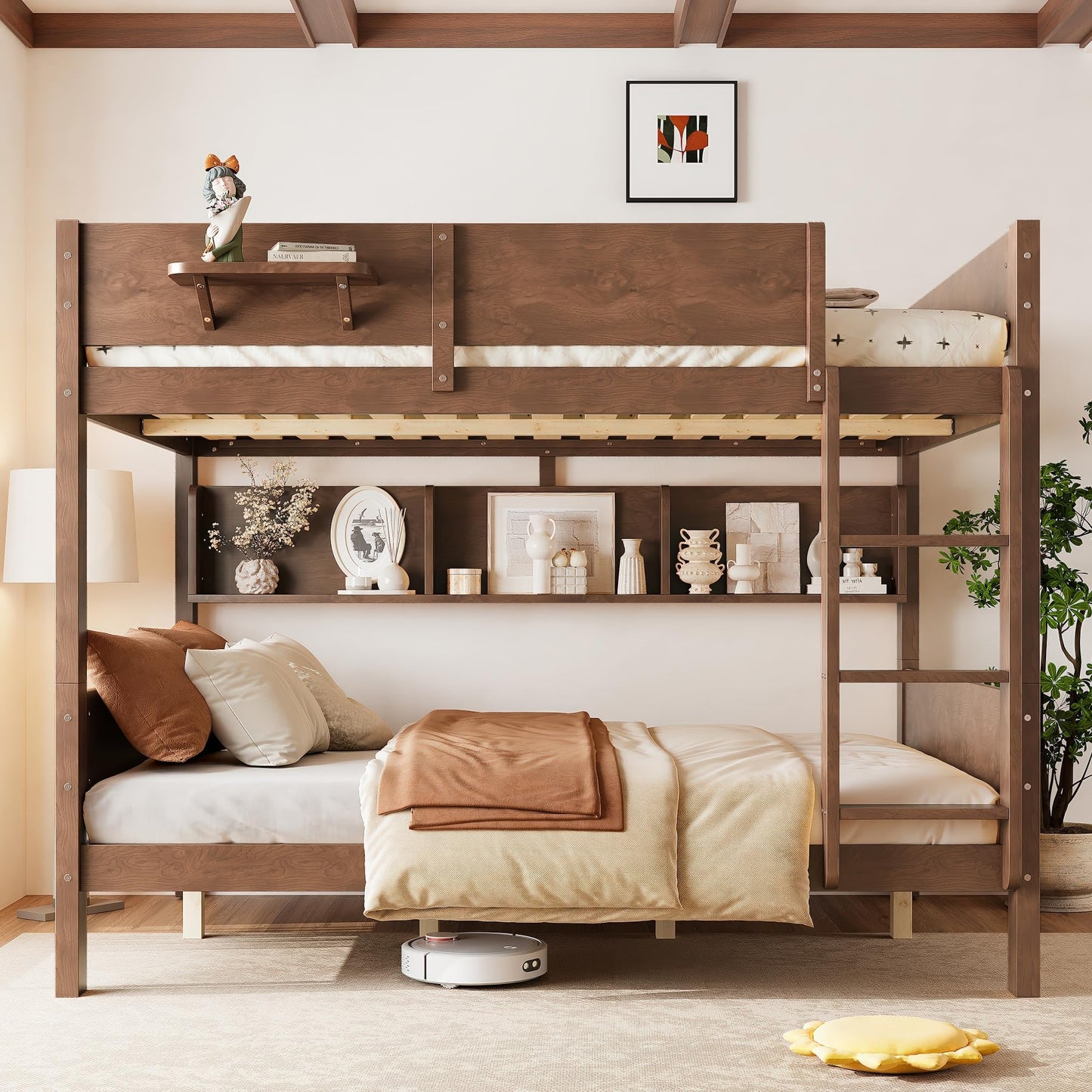 KEIKI Queen Over Queen Size Wooden Bunk Bed Frame with Convenient Tray & Built-in Storage Shelves, Detachable Bunk Bed with Solid Slats, No Box Spring Required, Easy Assembly, for Bedroom, Brown