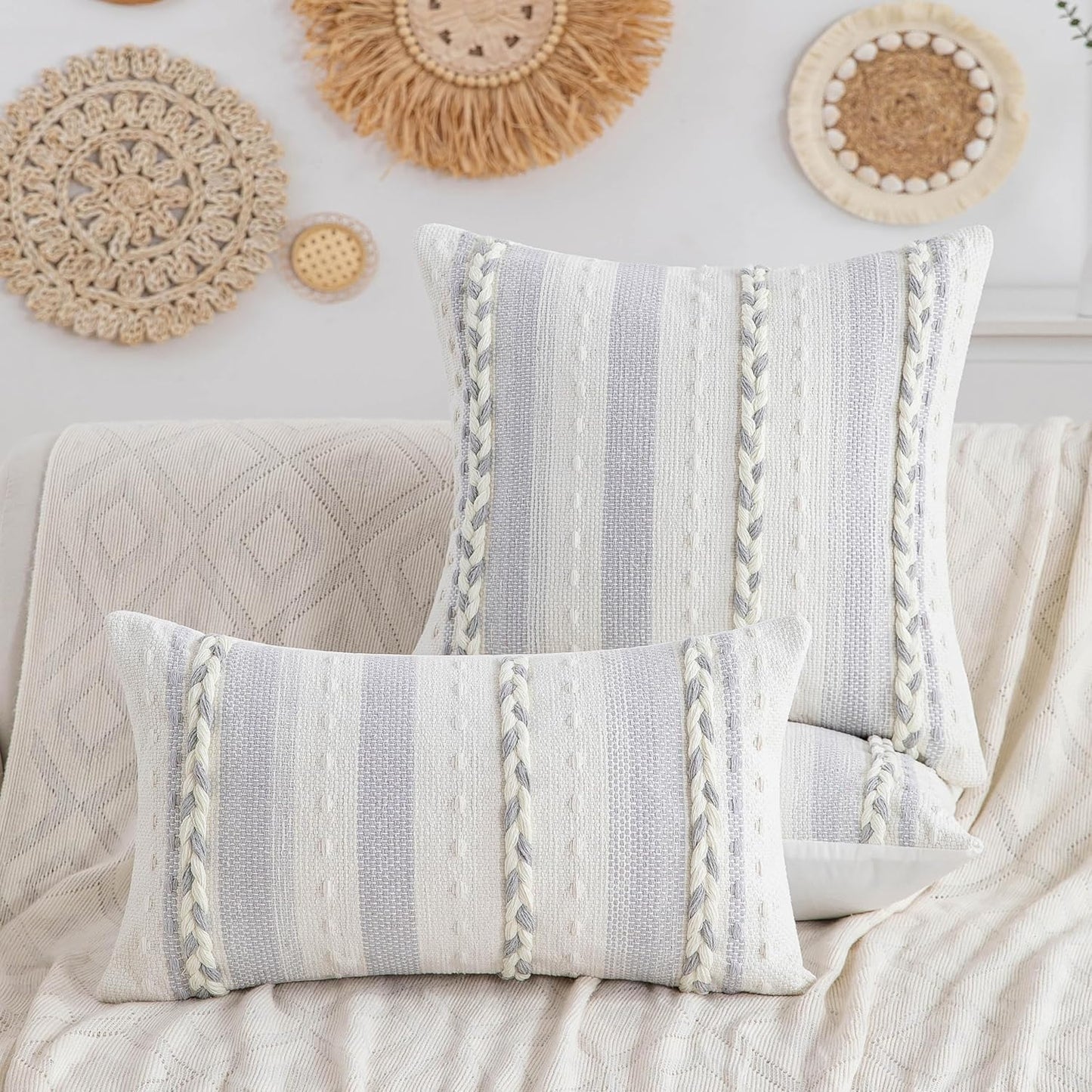 Set 2-18x18 Inch Grey Boho Striped Pillow Covers of Farmhouse Coastal Decorative Throw Pillows, Neutral Accent Textured