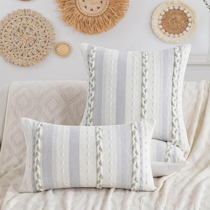 Set 2-18x18 Inch Grey Boho Striped Pillow Covers of Farmhouse Coastal Decorative Throw Pillows, Neutral Accent Textured