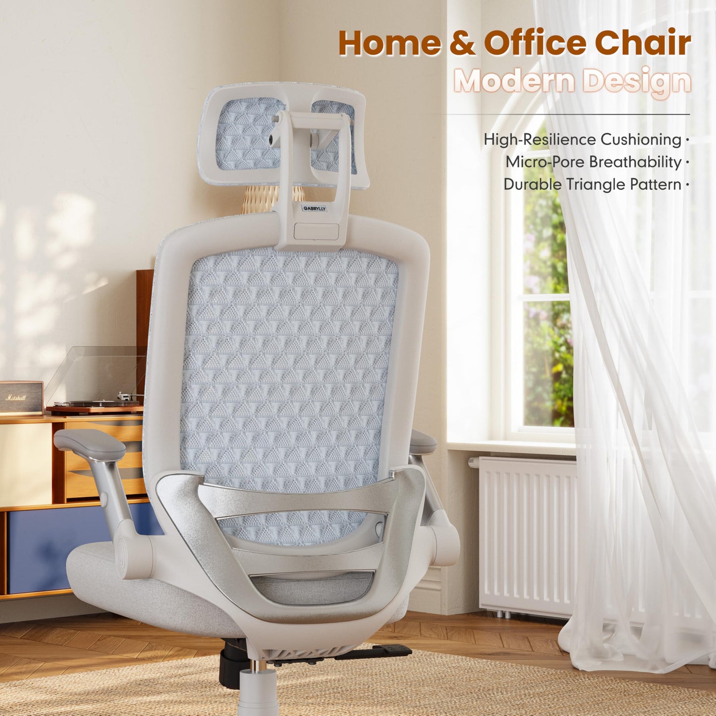 GABRYLLY Ergonomic Office Chair, High Back Home Desk Chair with Flip-Up Arms, 3D Headrest, Thick Sponge Seat &90-120° Recline, Big and Tall Mesh Executive Chairs for Man Woman, Glacier Flow
