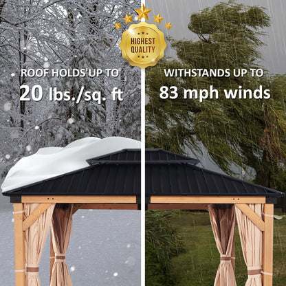 CHARMELEON 10x12 FT Cedar Wood Gazebo,Hardtop Wooden Gazebo with 4.6in Thickened Posts&High Load-Bearing Galvanized Steel Roof for Outdoor, Patio, Backyard-Natural
