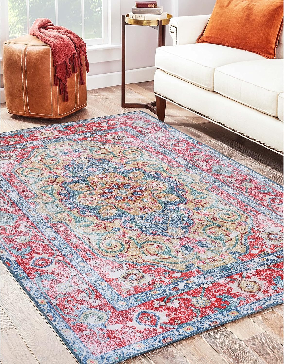 Superior Medallion Washable Rug, Non-Skid Backing, Pet & Kid Friendly, Easy Care, Non-Slip Rugs for Dining, Living Room, Kitchen, Bedroom, Low Pile Area Rug, Tanager Collection, 10' x 14', Red