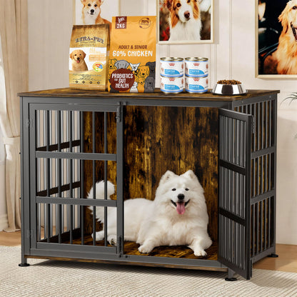 CABZOON 42'' Dog Crate Furniture Large Breed Dog Crate Dog Kennels for Inside Wooden Dog Crates End Table Heavy Duty Indoor Combination Cage for Medium to Large Dogs Walnut