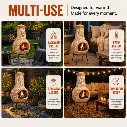 Outdoor Clay Chiminea Fireplace Sun Design Wood Burning Fire Pit with Sturdy Metal Stand, Barbecue, Cocktail Party, Cozy Nights Fire Pit (Beige)