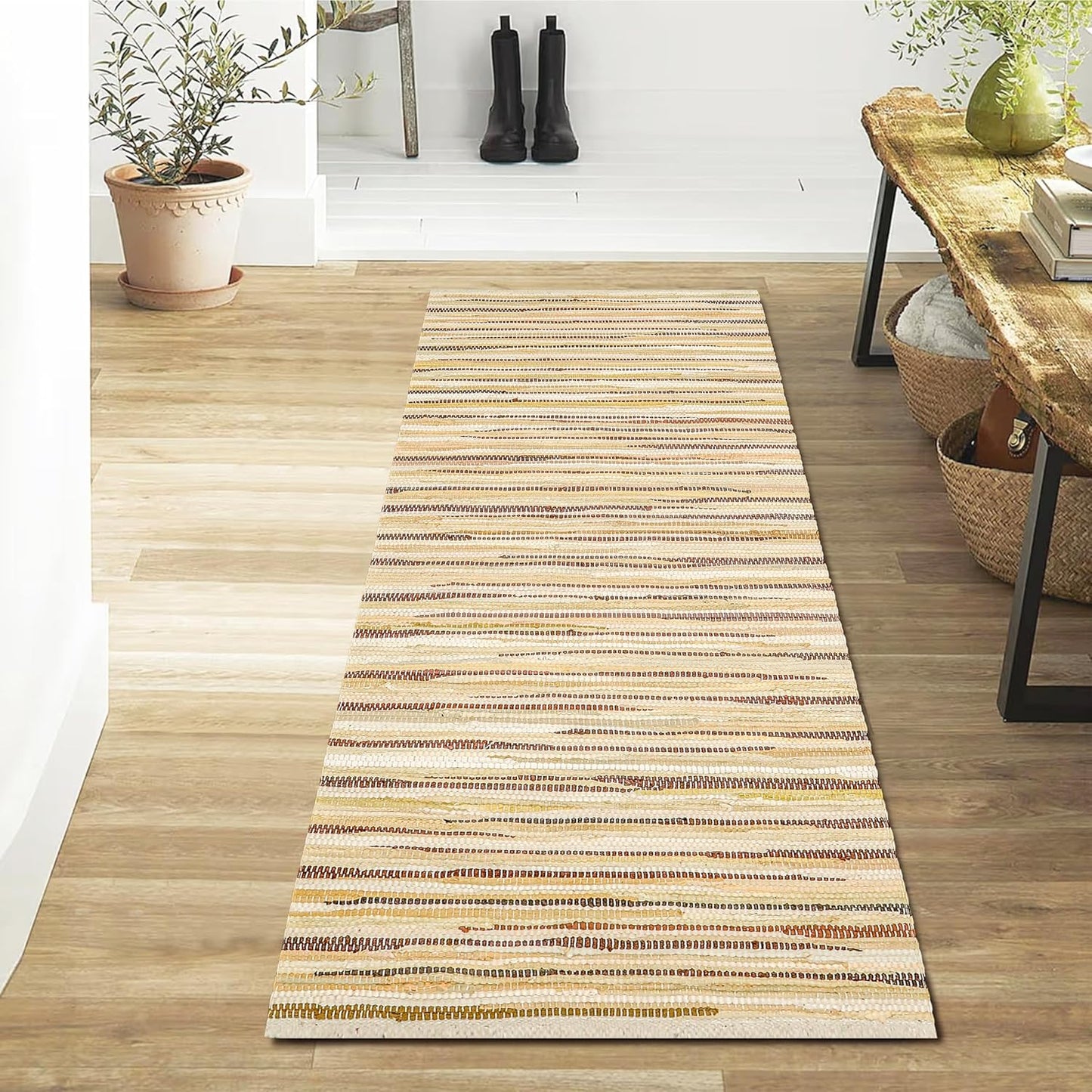 THE BEER VALLEY Cotton Rag Runner Rug, 2'x6' Beige Farmhouse Neutral Long Hallway Rugs for Kitchen Living Room