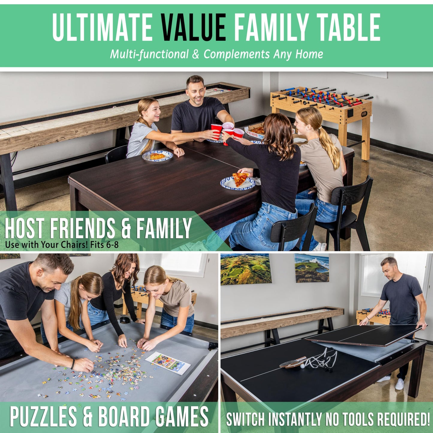 GoSports 7 ft 3 in 1 Pool, Dining, & Table Tennis Combo Table - Convertible Top Game Table with Billiards and Table Tennis Accessories