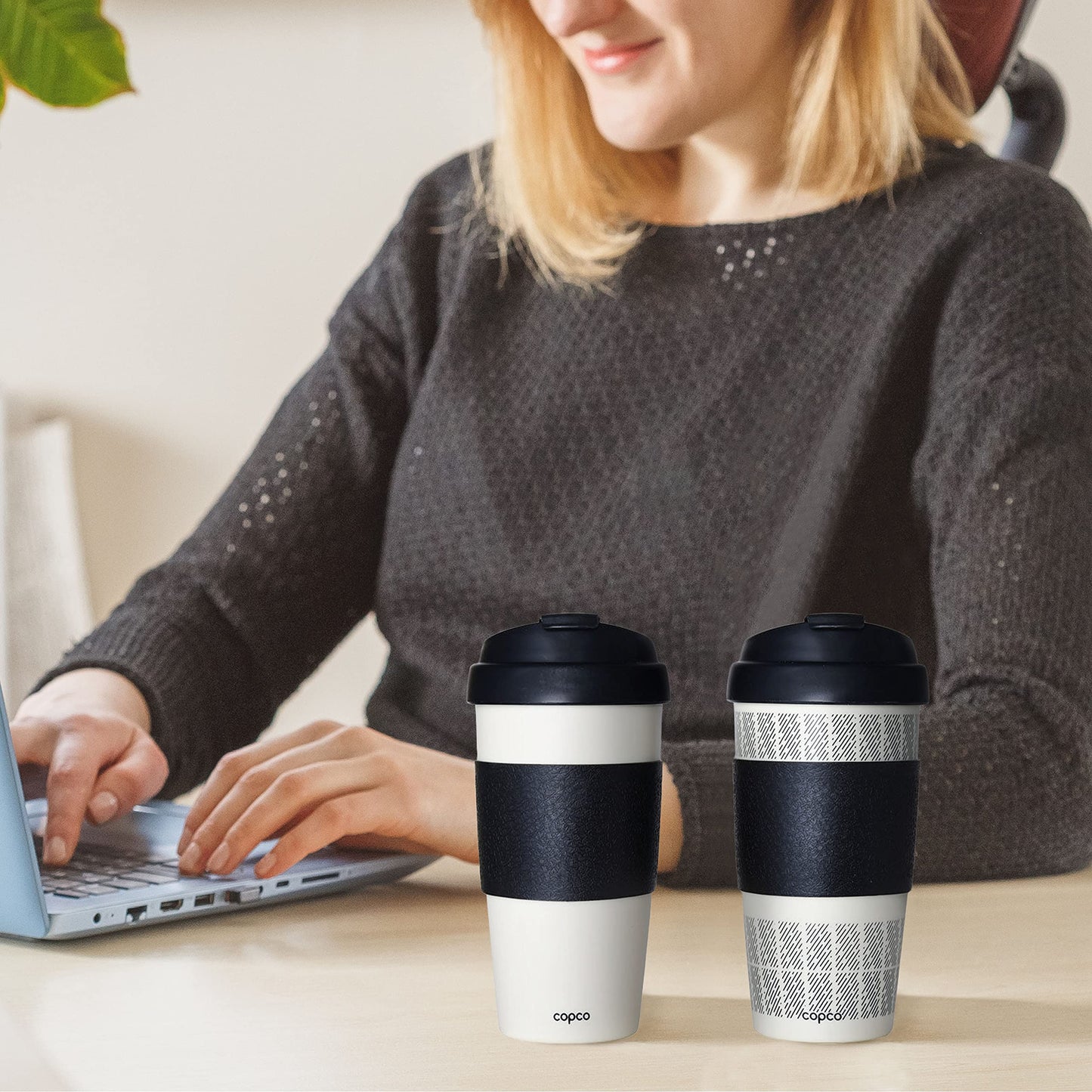 Copco 5237160 Reusable, Insulated Double Wall Travel Mugs 16-ounce White/Black , 2 Count ( Pack of 1)