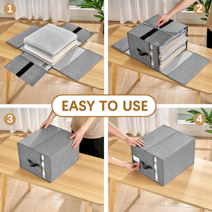 VECELO Bed Sheet Organizers and Storage, 2 IN 1 Foldable Sheet Organizer for Linen Closet with Window and Label, Bedding Storage Box for Blanket Queen and King Sheets Set Comforter Pillow, 2 Pack