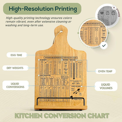 Cookbook Stand, Rustic Wood Holder with Measurement Conversion Chart, Adjustable Recipe Ipad Tablet Book Holder for