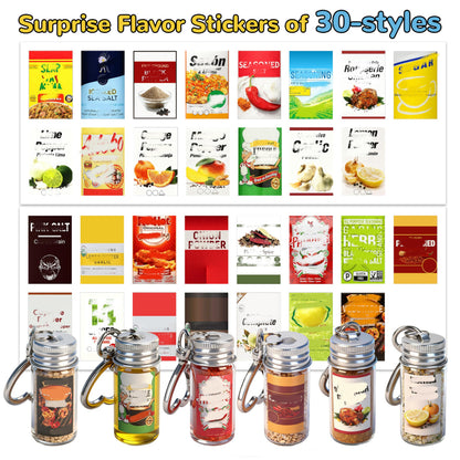 FANTOVO Mini Seasoning Keychain Bottle Set, 6 Pcs Empty Spice Jar with Mini Funnels & DIY Stickers of 30 Styles, On-the-Go Airtight Keychain Holders for Travel, Outdoors, Lunchboxes, Camping, 6+2+4 Total.