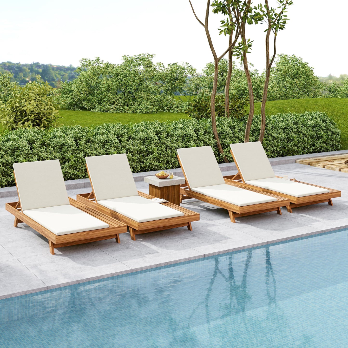 Merax Acacia Wood Chaise Lounge Chair Outdoor Set of 4, Patio Recliner with 4 Position Adjustable Backrest and 1.57" Thick Double-fold Cushion