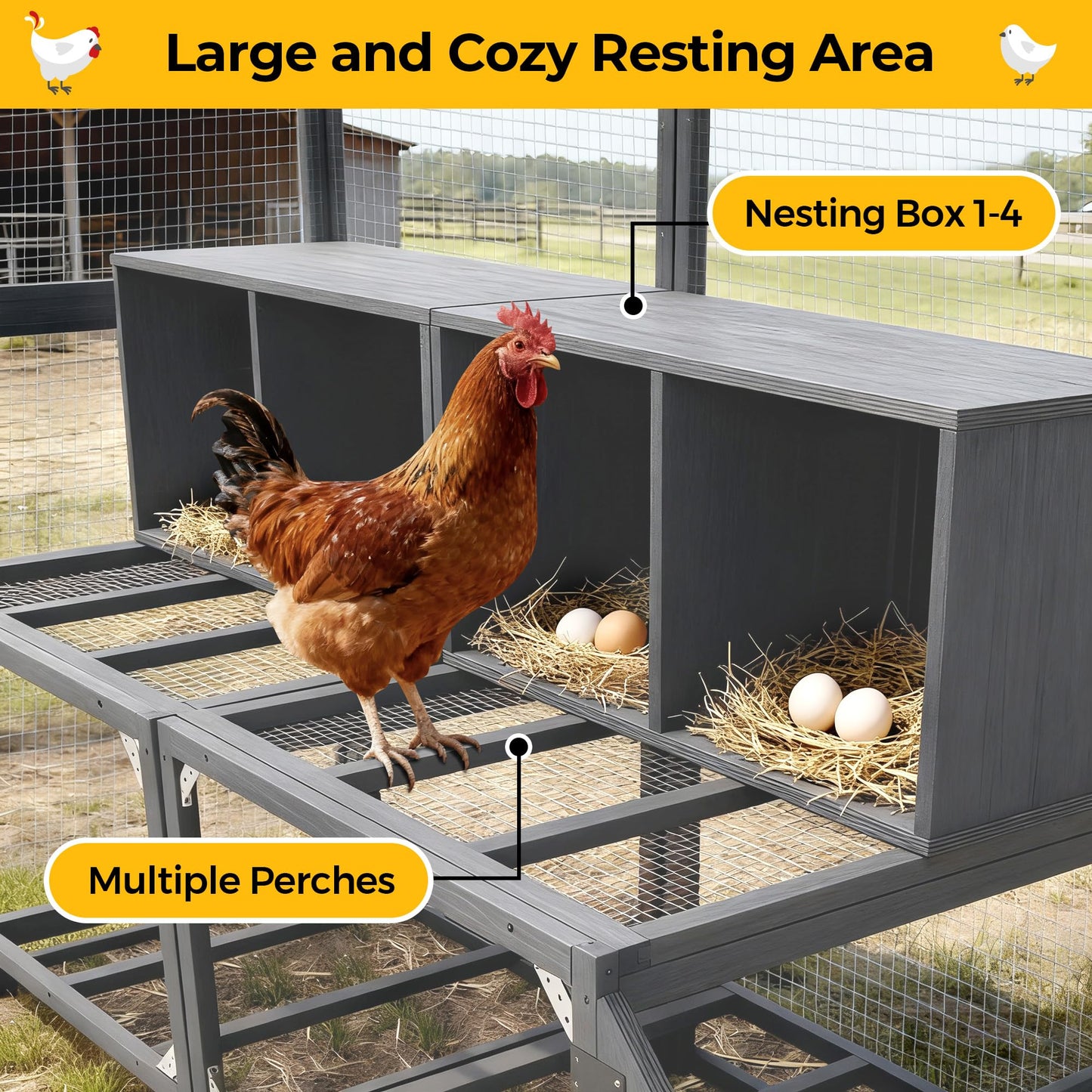 COZIWOW Chicken Coop with Full Waterproof Cover, 9' Extra Large Wooden Chicken House for 10-15 Chickens, 4 Nesting Boxes, Roosting Bars, Outdoor Walk-in Poultry Run for Backyard, Farm, Modern Gray