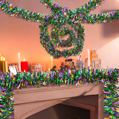 JOYIN 4 Pcs Mardi Gras Tinsel Garland, 66 Ft Gold Green Purple Metallic Streamers for Sparkling Glittering Hanging Decorations, Indoor Outdoor Mardi Gras Party Decorations Carnival Accessories