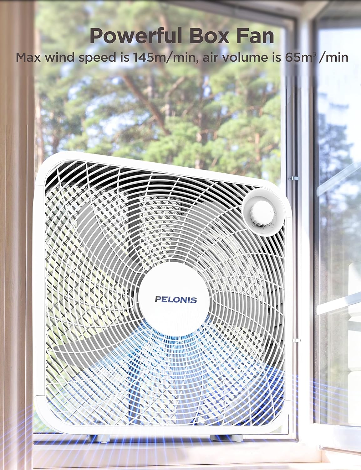 PELONIS 3-Speed Box Fan, Full-Force Circulation, Air Conditioner, White
