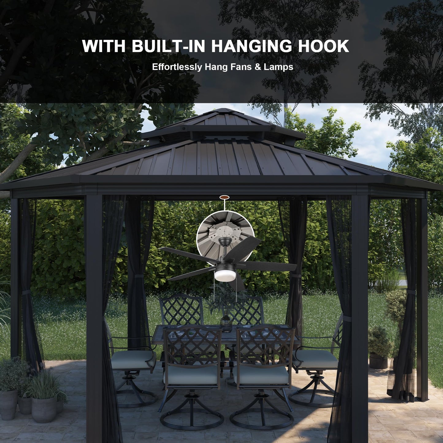 15x15FT Hexagon Hardtop Gazebo Heavy Duty Aluminum Frame Outdoor Gazebo Pergola Pavilion with Galvanized Steel Double Roof, Nettings & Ceiling Hook for Patio Backyard Deck Lawns