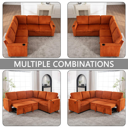 KEIKI 83" 4Seat Modular Sectional Sleeper Pull Out Bed Corduroy Sofa Couch with Chaise Storage Reversible USB Cup Holders for Creative Studio Modern Soft Bedroom Family Friendly Quality Design Orange