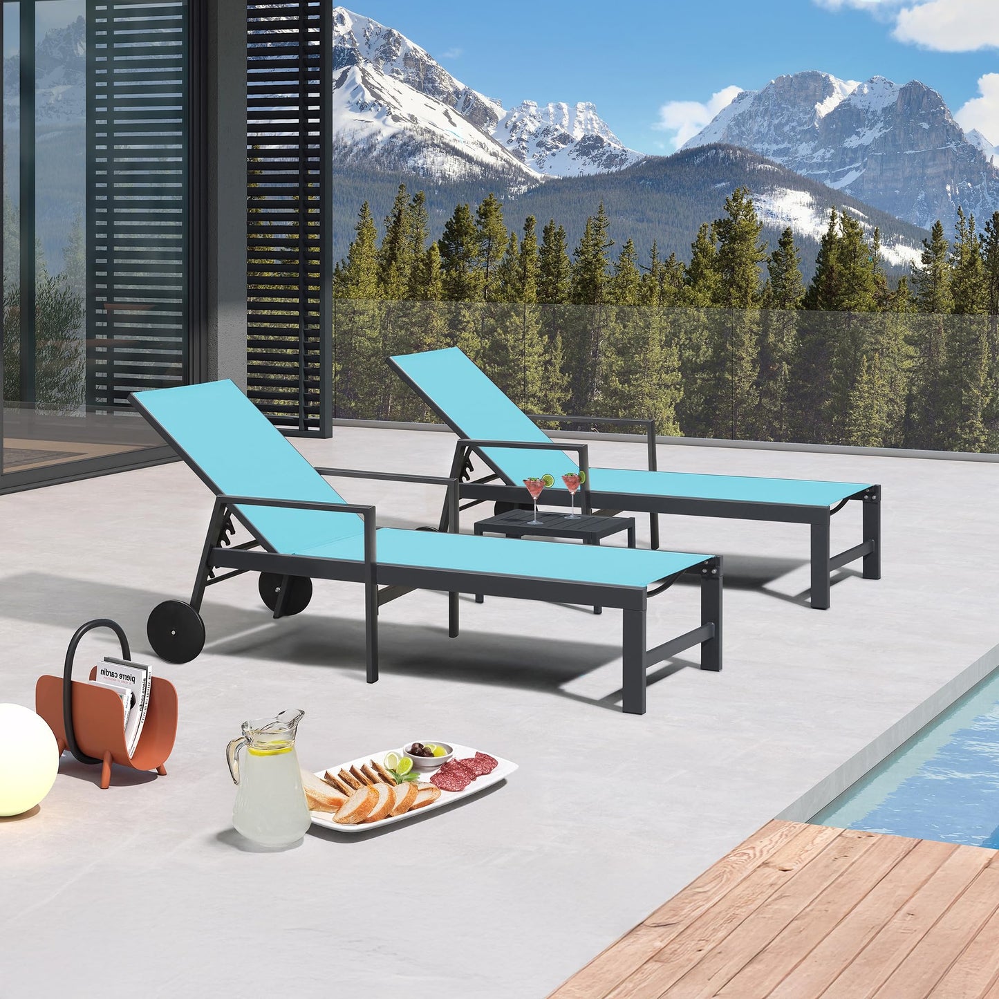 PURPLE LEAF Outdoor Chaise Lounge with Wheels Armrests Aluminum Pool Lounge Chairs Set of 2 Patio Chaise Lounge with 5 Position Recliner Includes Side Table for Deck Yard Poolside Turquoise Blue