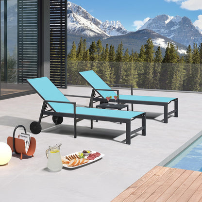 PURPLE LEAF Outdoor Chaise Lounge with Wheels Armrests Aluminum Pool Lounge Chairs Set of 2 Patio Chaise Lounge with 5 Position Recliner Includes Side Table for Deck Yard Poolside Turquoise Blue