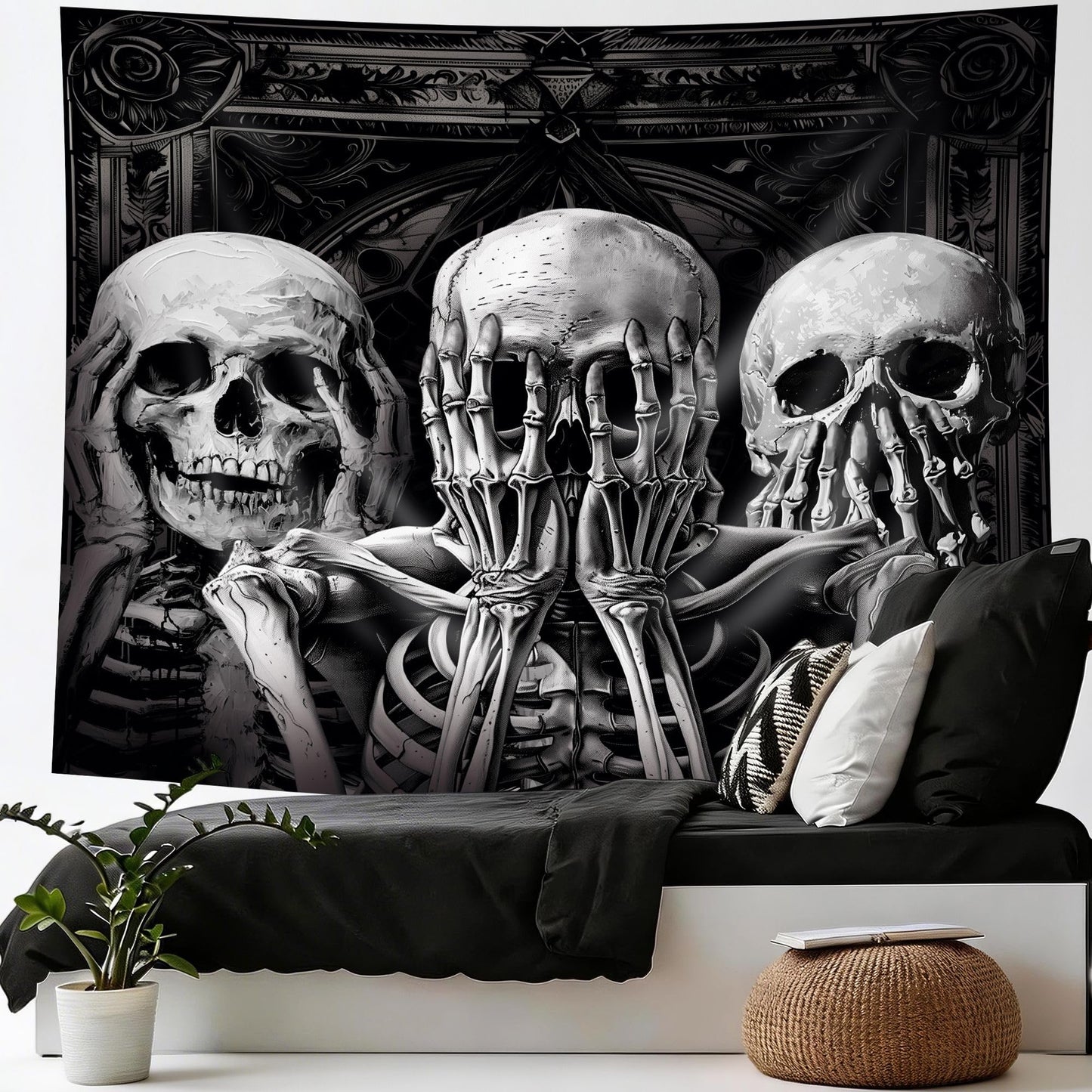 Mitpok Gothic Skull Tapestry Spooky Black Skeleton Goth Vinatge Witchy Funny Hilarious Cool Unique Wall Decor 59Hx78W Inch Halloween Wall Art Hanging Bedroom Living Room Dorm Wall Home Decor