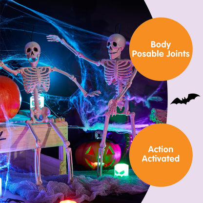 JOYIN 2PCS 16" Halloween Skeleton Decor, Full Body Stayable Movable Joints, Posable Hanging Skeletons for Halloween Decoration, Yard, Graveyard, Haunted House Props, Spooky Scene Party Favor