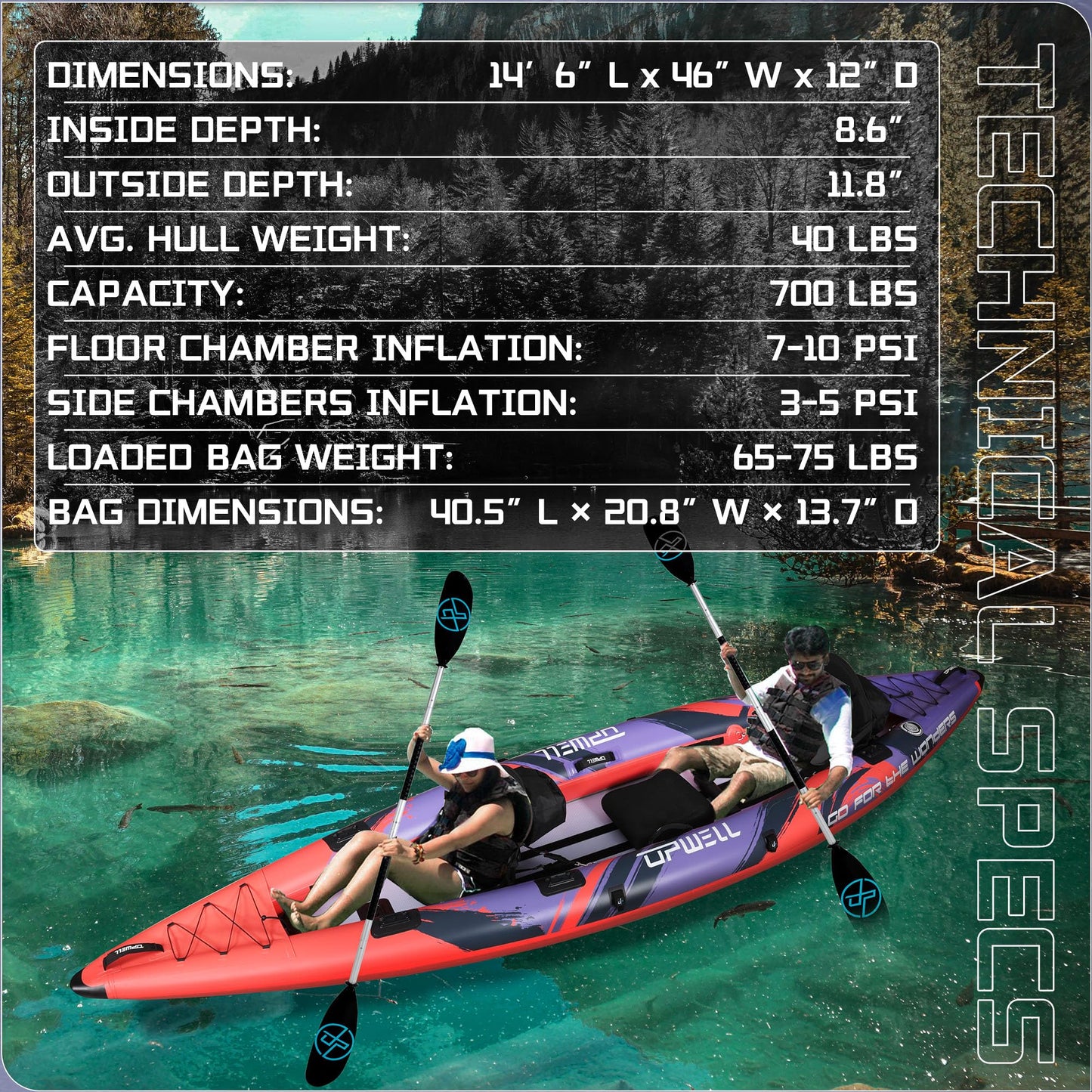 Angler 14'6" Inflatable Fishing Kayak with Drop Stitch Floor 2-3 Person Adult Blow up Kayaks Foldable Pedal Boat Canoe, Red