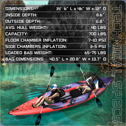 Angler 14'6" Inflatable Fishing Kayak with Drop Stitch Floor 2-3 Person Adult Blow up Kayaks Foldable Pedal Boat Canoe, Red