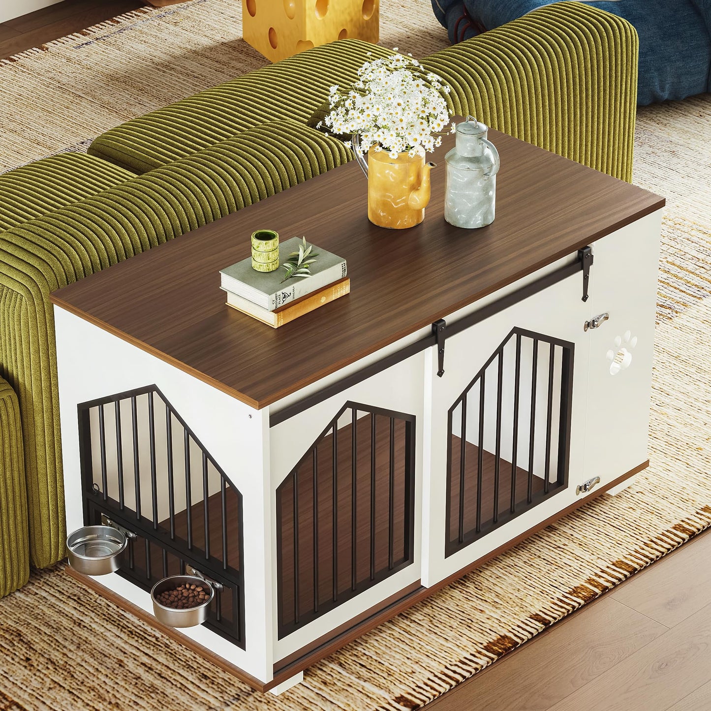 IRONCK Large Dog Crate Furniture with 2 Rotatable Dog Bowls, Wooden Dog Kennel with 2 Adjustable Shelves, Barn Doors Decorative Pet Cage Dog House as TV Stand, White